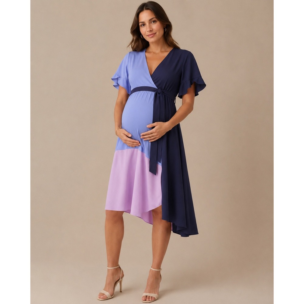 Hutch Women Colorblock Flutter Sleeve Wrap Midi Dress Blue Lavender XS 10057